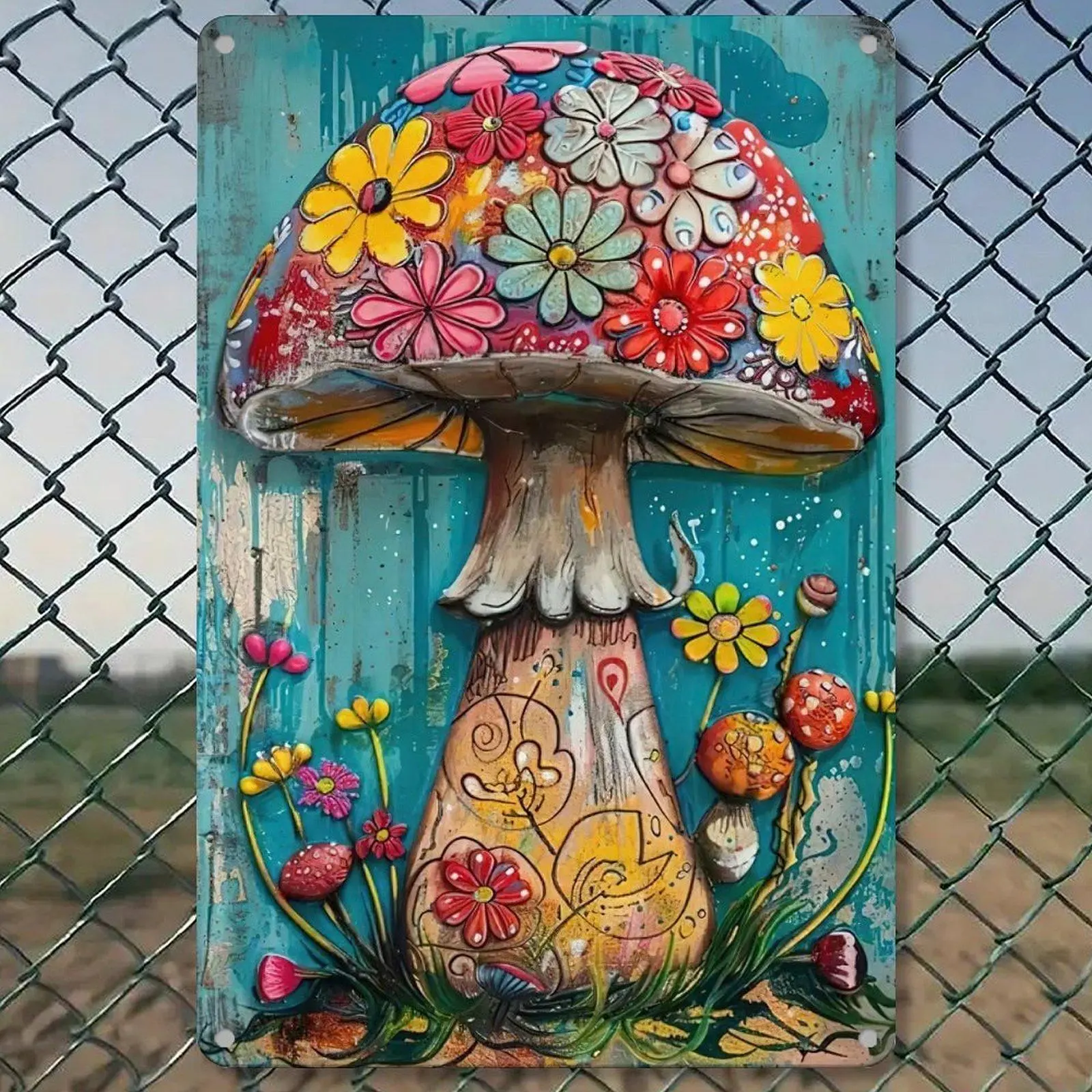 Colorful Mushroom Flower Art Metal Tin Sign 8*12in Boho Cottagecore Wall Decor for Garden Room