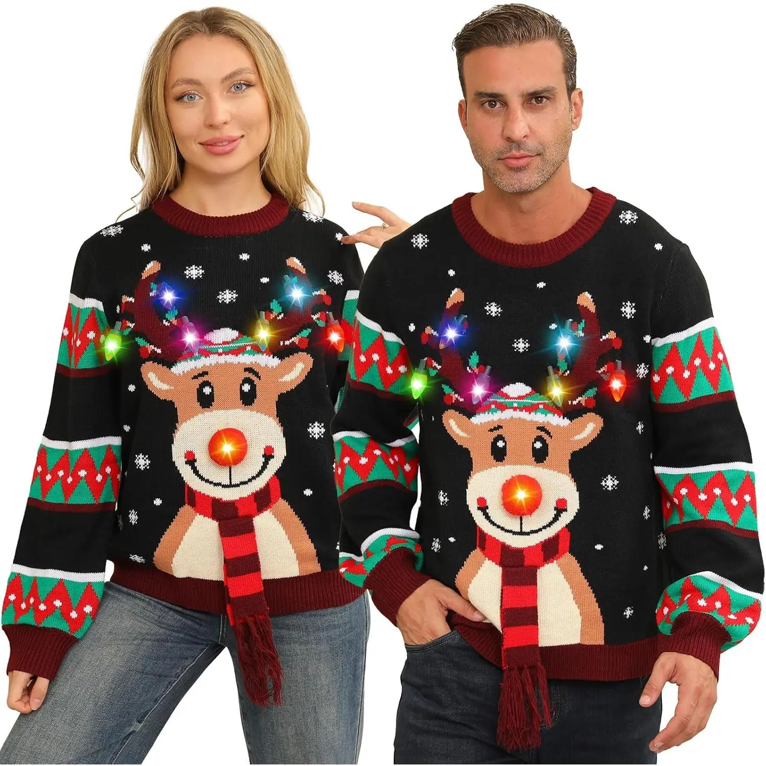 LED Light-Up Tacky Xmas Sweaters, Long Sleeve Round Neck 1 Size Clothes for Female & Male Couples - Funny Reindeer Festive Party Gift, Christmas