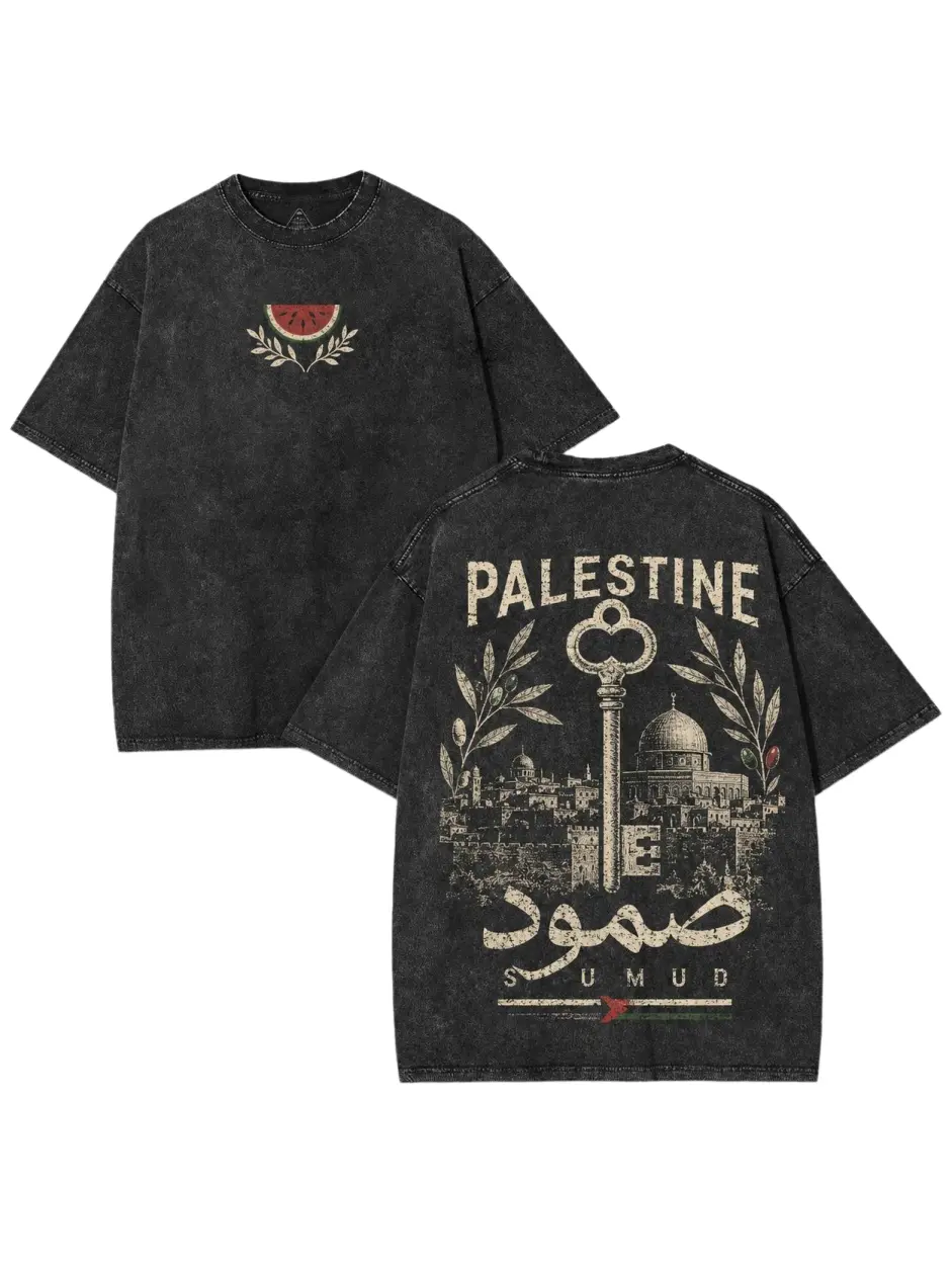 Oversized Graphic Tee for Men, Vintage Washed Cotton Short Sleeve Top with Arabic Calligraphy, Casual Streetwear Look M, Shortsleeve