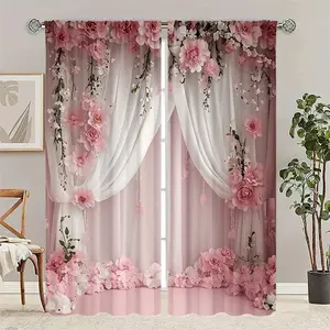 2pcs Pink and white curtains with pink floral patterns Curtain Set, High-Definition Digital Print, Semi-Sheer Polyester, Fade Resistant, Hand Washable, Home Decor Drapes, Window Curtain