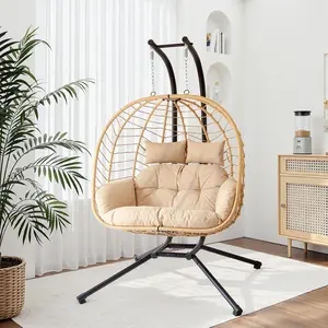 Double Egg Chair with Stand, Patio Wicker Hanging Swing Egg Chair Thickened, Galvanized Pipe Steel Frame and UV Resistant Cushion for Bedroom Garden Indoor Outdoor, 440LBS Capacity