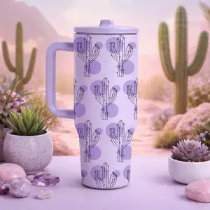Cute Lavender Cactus Tumbler 40oz with Handle and Lid, Stainless Steel Insulated Travel Mug for Iced Coffee, Water and Tea, Aesthetic Desert Plant Cup for Home, Office, Car and Camping, Trendy Gift for Women and Girls Daily Use Gift Ideas
