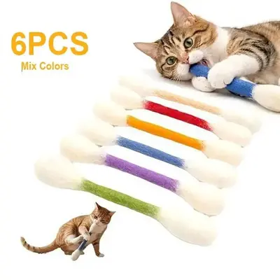 【Summervibes】6 Pack Giant Q-tip Shaped Cat Toys, Soft Felt Cotton Swab Teething Sticks, Durable Interactive Indoor Kitten Chew Toys, Anxiety Relief Boredom Relief Pet Accessories, Dental Cleaning Play Gifts for Daily Cat Entertainment