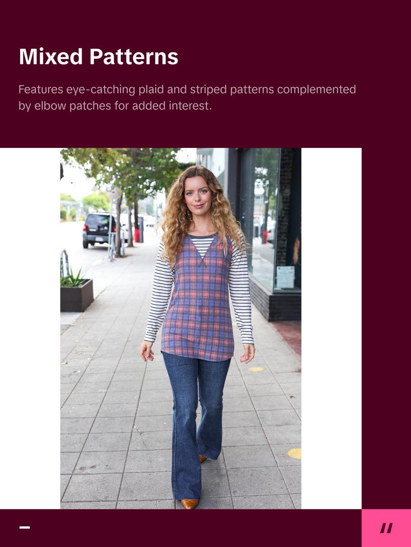 Feeling Playful Plaid/Stripe Outseam Stitch Elbow Patch Pullover