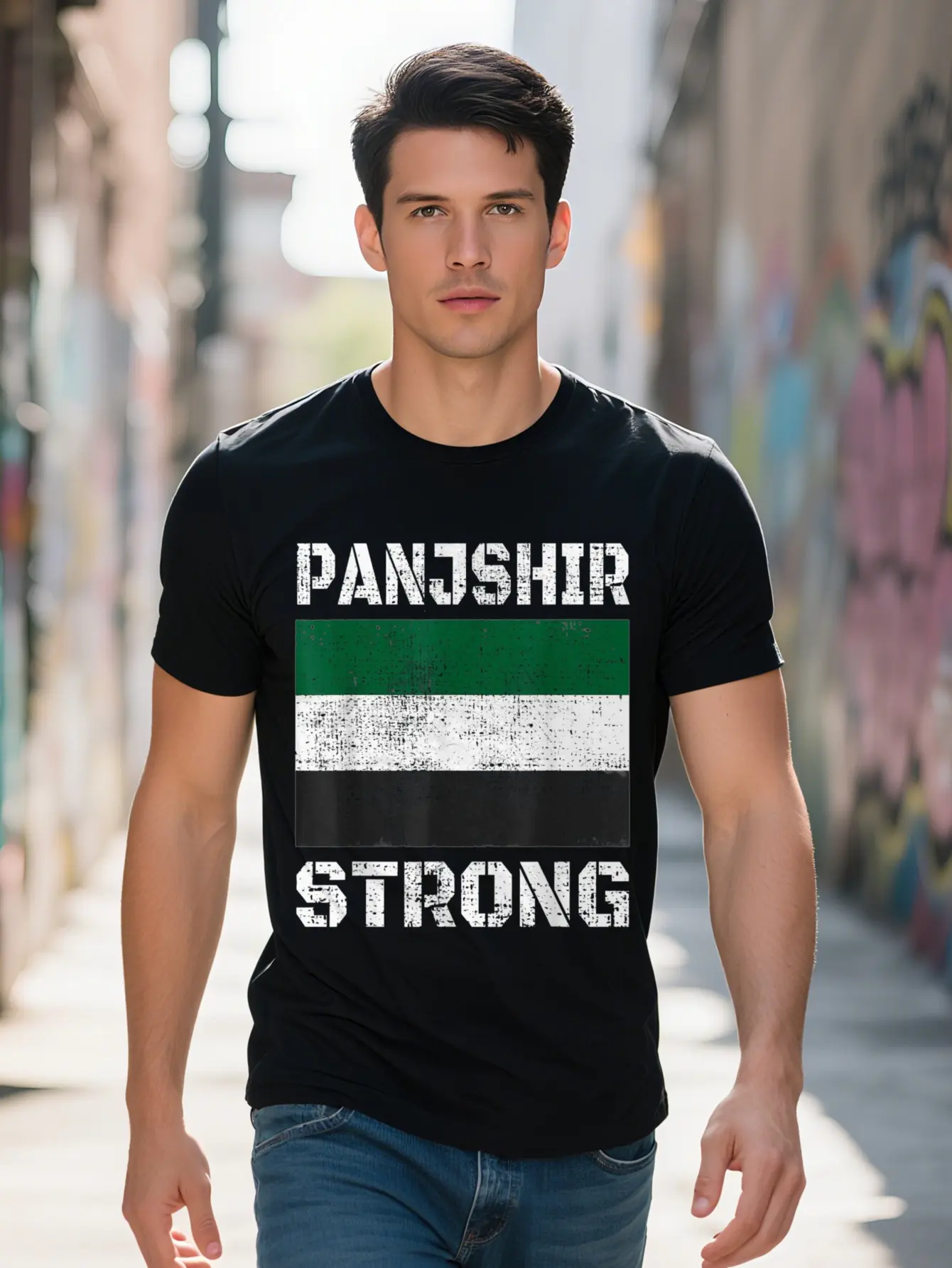 Men s Panjshir Strong Flag Graphic T Shirt Cotton Black with Green White Stripes Casual Crew Neck Short