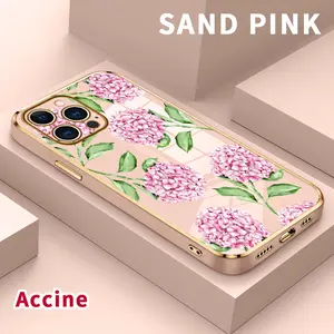 Luxury Electroplated TPU Phone Case for iPhone 17 Pro Max Air 16 15 14 Plus 13 12 11 Pink Hydrangea Grace Classic Straight Design Ultra Thin Soft Smartphone Cover