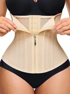 Women's Mesh Double Layer Waist Cincher with Metal Zipper, Adjustable 3 Row Buckles, 11 Steel Bones Support, Front Chest Lifted Corset Belt