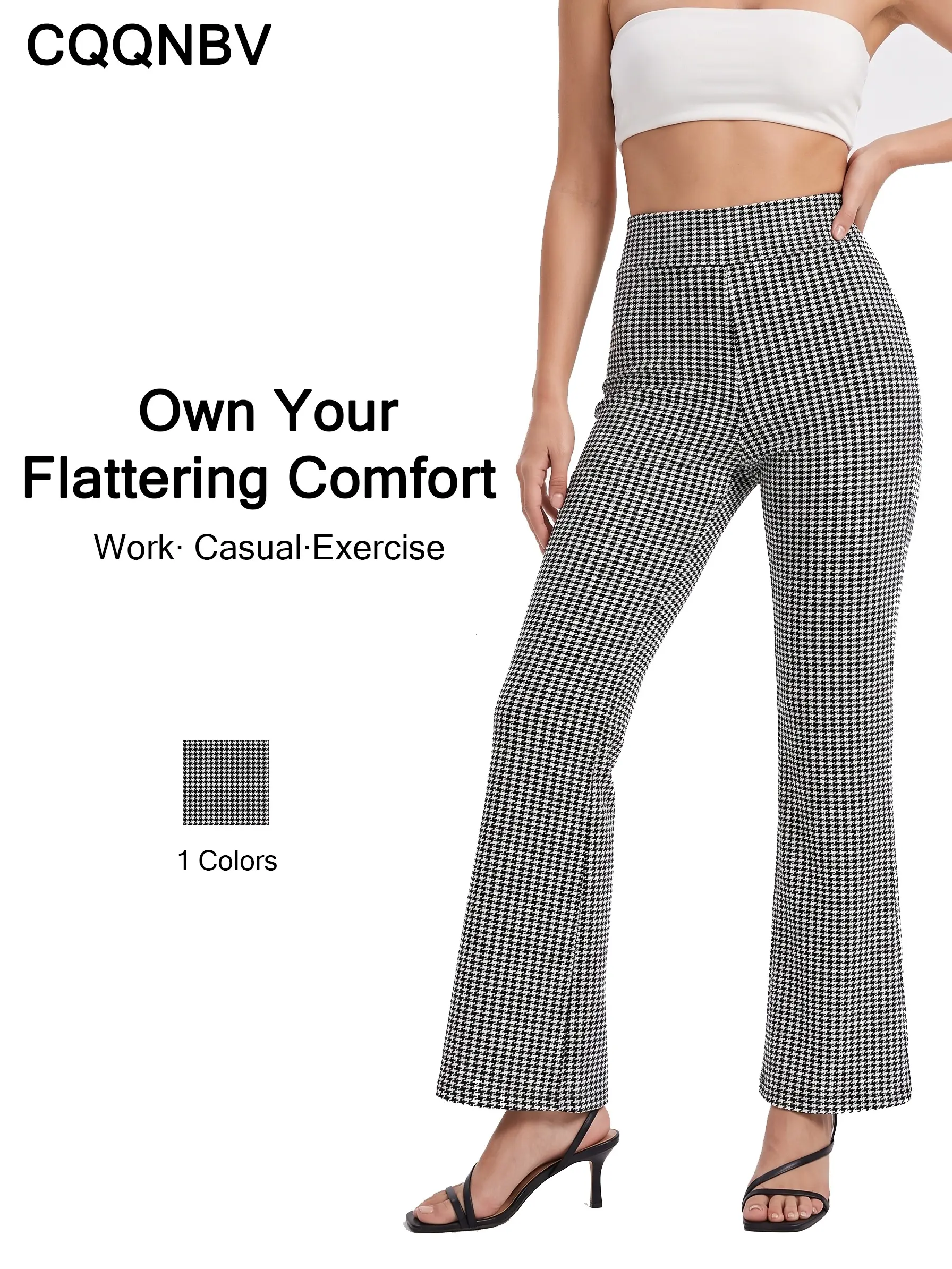 CQQNBV Female High Waist Houndstooth Wide Leg Polyester Blend Elastane Stretchy Pants - Moisture-Wick Comfortable Casual Joggers with Footwear-Friendly Design for Work, Outdoors