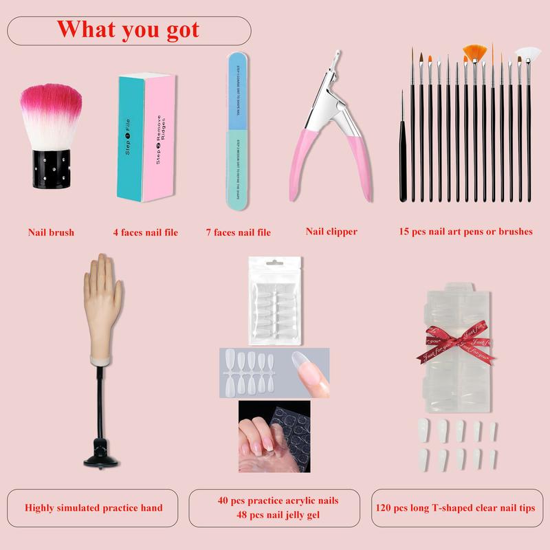 Practice Hand Kit for Nail Art, Acrylic Nails Training Tools for Tattooed Nail Jewelry and Manicure Practice, 48 pes nail jelly gel, 40 Acrylic Nails, Clipper, File, 15 Brushes and 120 Tips
