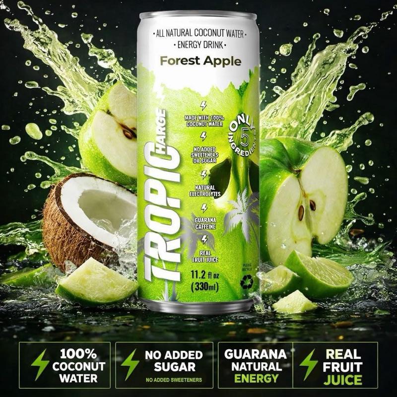 Tropicharge 100% Coconut Water Energy Drink with Guarana Extract (24 pack 330ml/6 flavours) - Zero Sweeteners or Added Sugar - All Natural - Passion Fruit, Forest Apple, Red Cherry, Lemon, Peach, Watermelon