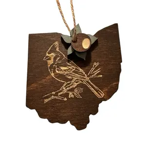 Ohio Cardinal Christmas Ornament - Wooden Design with Bird and Leaf Motif - Ohio Shape Decoration