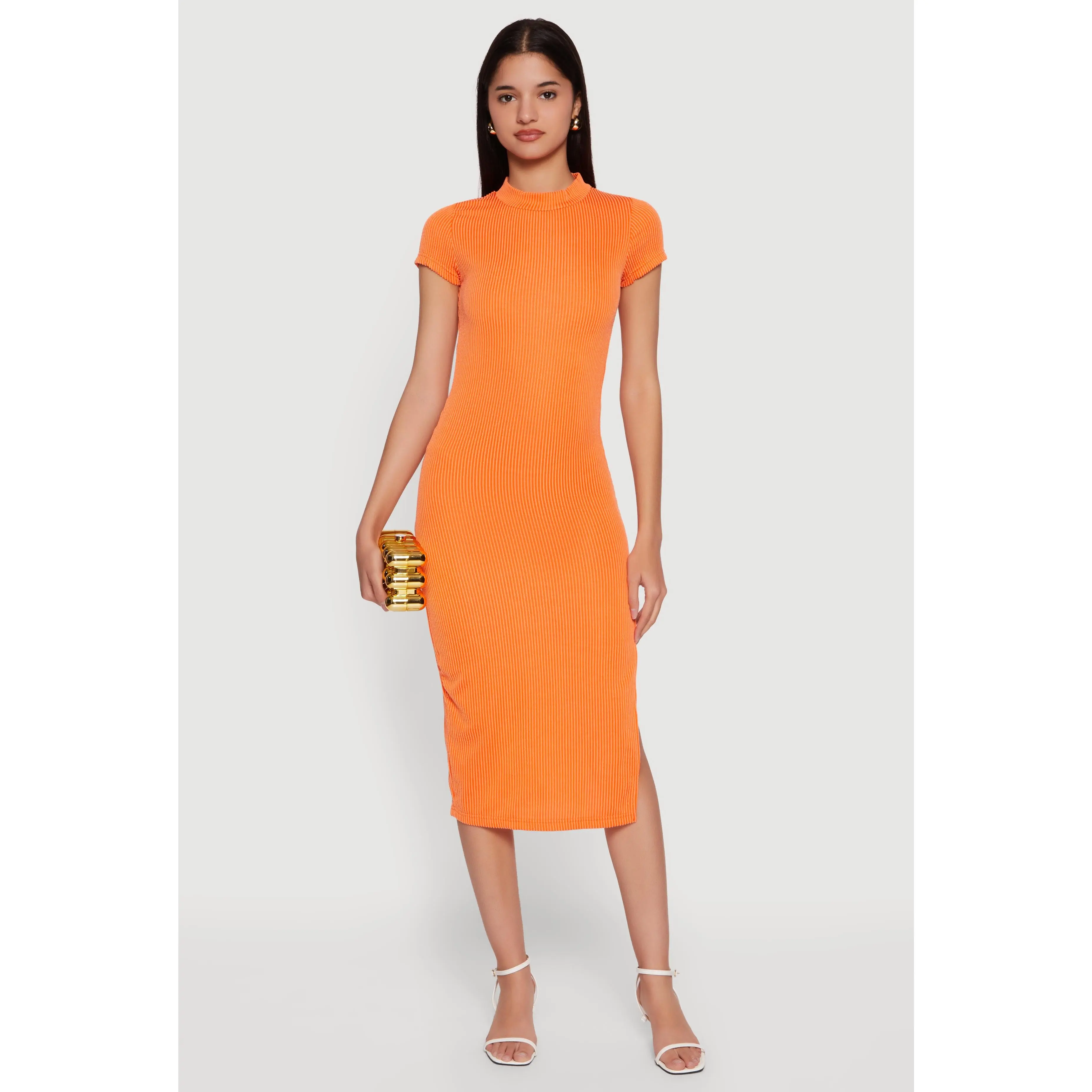 Rib Knit Side Slit Short Sleeve Mock Neck Midi Dress