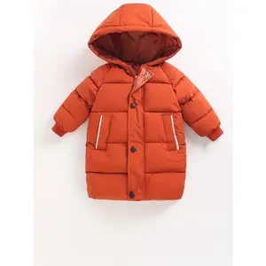 Youngsters' Long Winter Coat QV31517 - Thickened Polyester, Solid Black with White Trim, Zip-Up Hooded Jacket for Boys & Girls, Casual Outdoor Wear, Machine Washable, Girls Winter Clothes