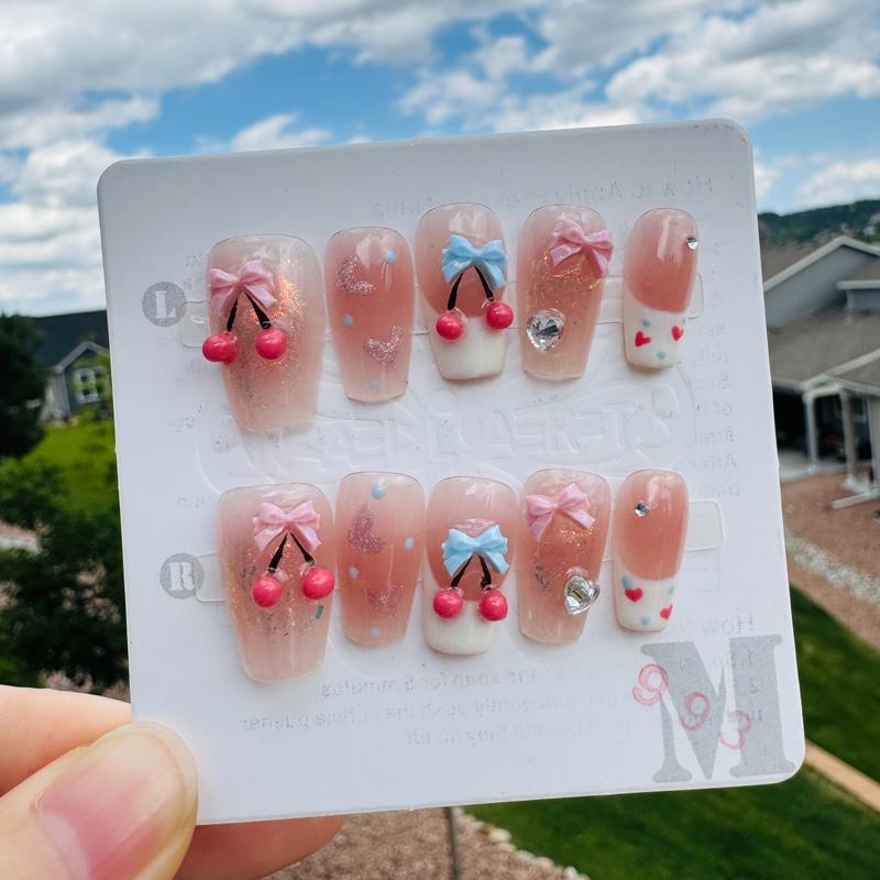 Sweet Cherry Blossom - 3D Bow & Cherry Press-On Nails | Short Square Design | 10PCS Handmade Glossy Nails with 3D Charms & Pastel Bows for a Kawaii Look