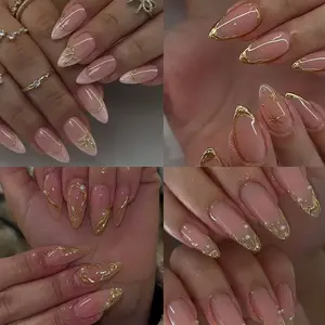 96pcs Medium Long Almond Nail Tips Set, Nude Press-On Acrylic Nails, Glossy Fake Nails, Square Shape, Glossy Finish, 3D Pearl Design, for Women & Girls