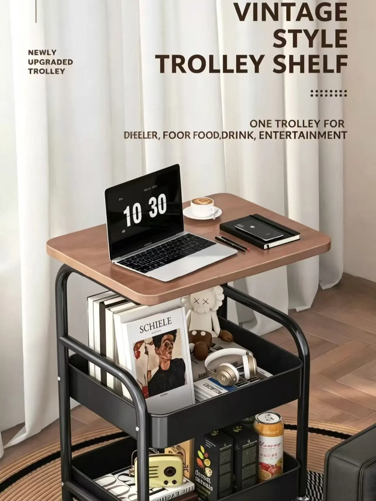 Vintage 3-Tier Mobile Trolley with Wood Top - Home Organizer Side Table with Quiet Wheels, Mesh Baskets for Bedroom, Living Room, Small Spaces