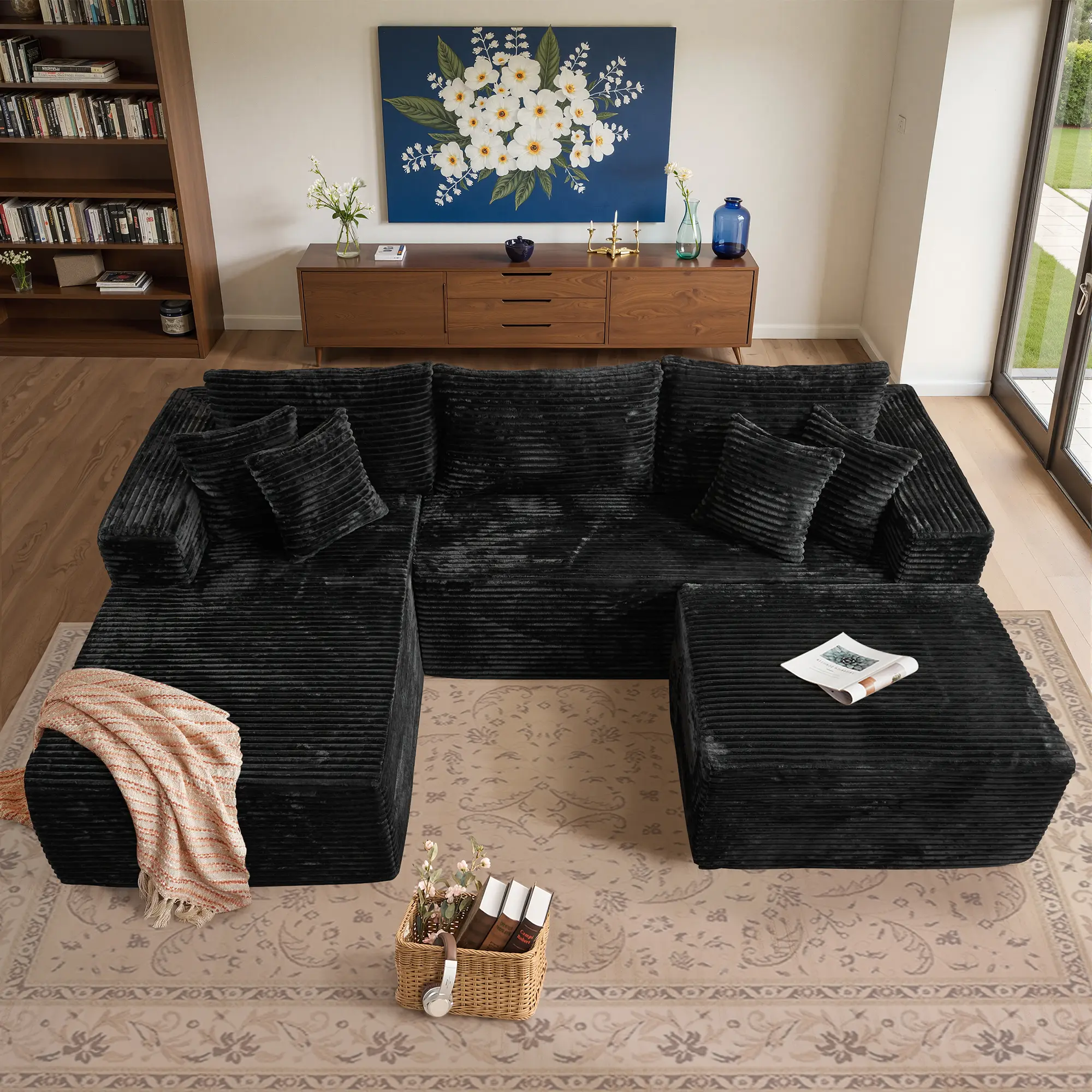 Balck Left Chaise With Ottoman