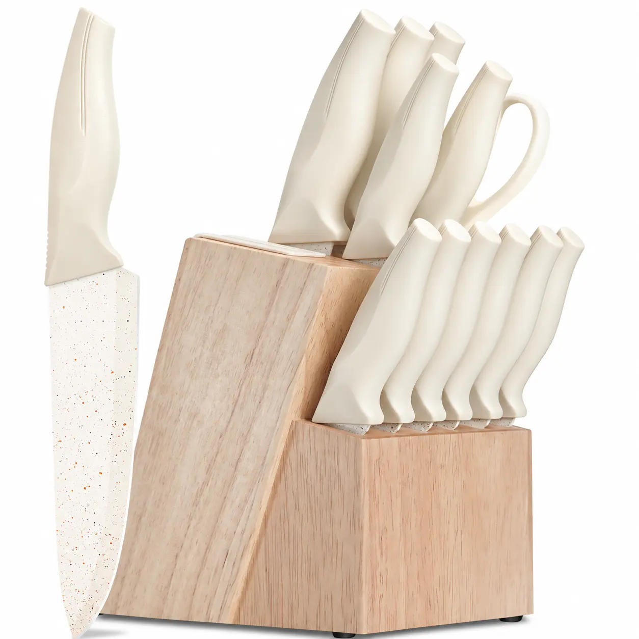 14-Piece Self-Sharpening Stainless Steel Kitchen Knife Set with Block, Built-In Sharpener, ABS Anti-Slip Ergonomic Handles, Dishwasher Safe Cream Knives for Slicing and Cutting, Countertop Storage Solution