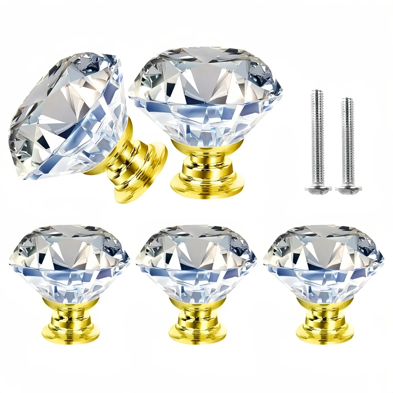 5-piece set of crystal glass cabinet knobs, suitable for home decoration, dressing table drawers, desks, wardrobe doors, standard screws for easy installation, used for home decoration and redecoration (transparent crystal, 40mm)