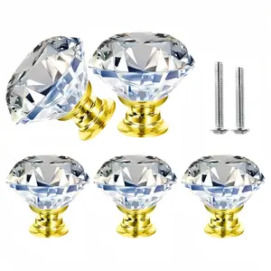 5-piece set of crystal glass cabinet knobs, suitable for home decoration, dressing table drawers, desks, wardrobe doors, standard screws for easy installation, used for home decoration and redecoration (transparent crystal, 40mm)