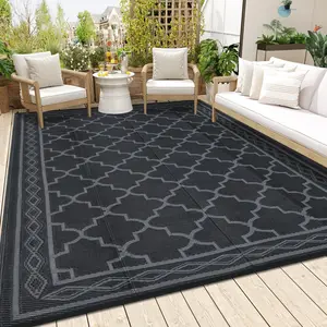 GARVEE Outdoor Rug 9x12 Waterproof for Patio Clearance,Large Plastic Straw Mat for Camping,Porch,RV,Reversible Rugs for Deck Entryance Picnic Balcony Beach (Black/Grey)