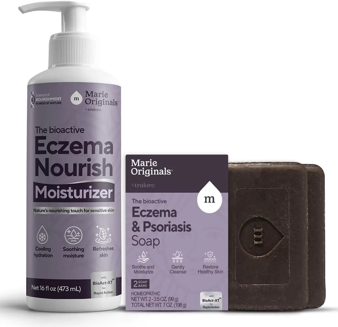 Marie Originals Eczema Relief Bundle – 2 Soap Bars + 16oz Moisturizing Lotion | Colloidal Oatmeal, Aloe & Shea | For Dry, Itchy, Sensitive Skin | Kids & Adults