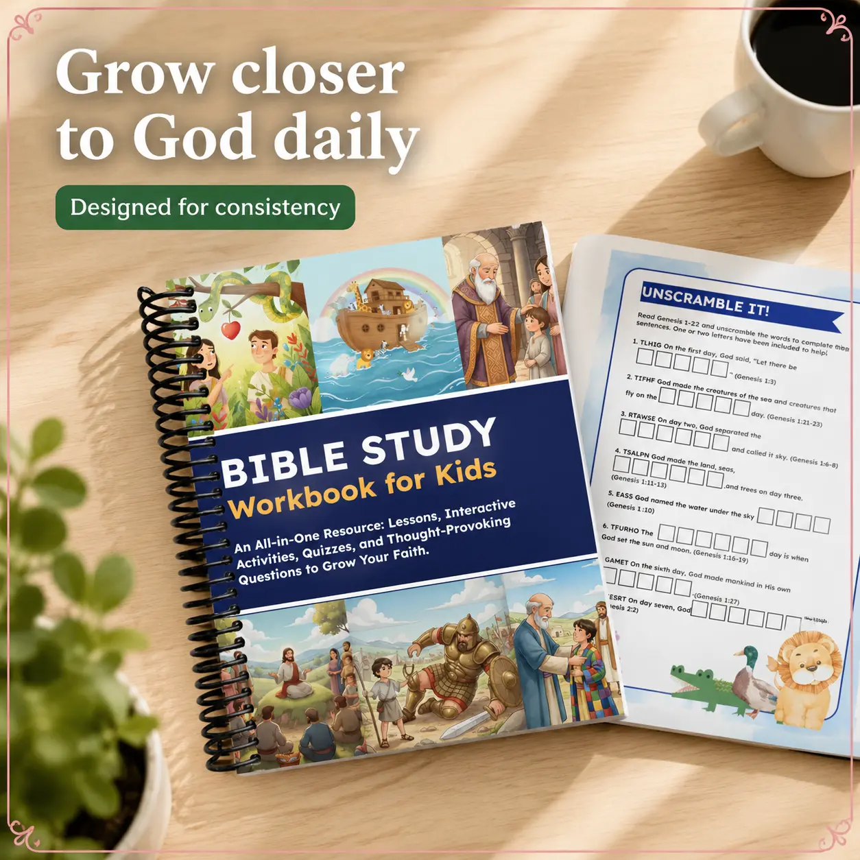 Kids Spiral Bound Bible Activity Journal, Christian Faith-Building Workbook with Lessons, Quizzes & Reflection Prompts