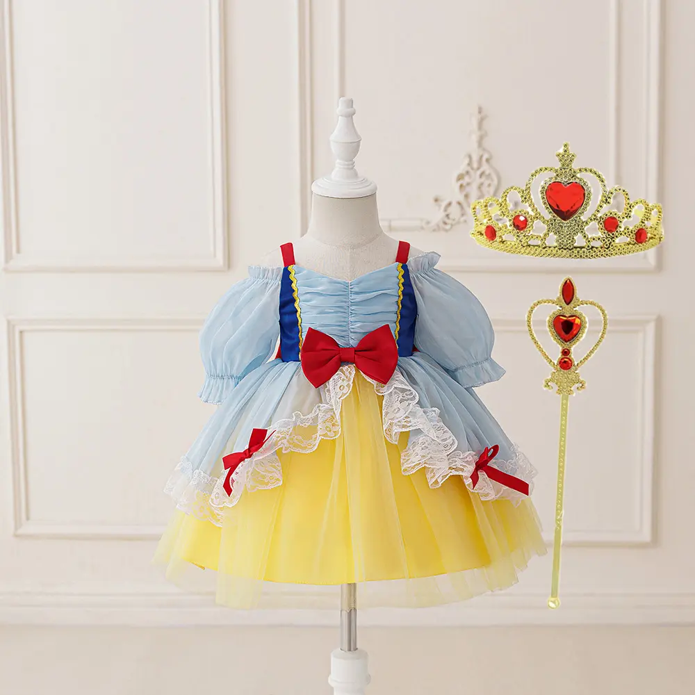 6M-3Y with Crown Magic Wand Yellow 019 Cartoon Cosplay Costume Fancy Carnival Bow Lace Kids Clothes Performance Princess Theme Party Holiday Girls Ball Gown Toddle Dress for All Season