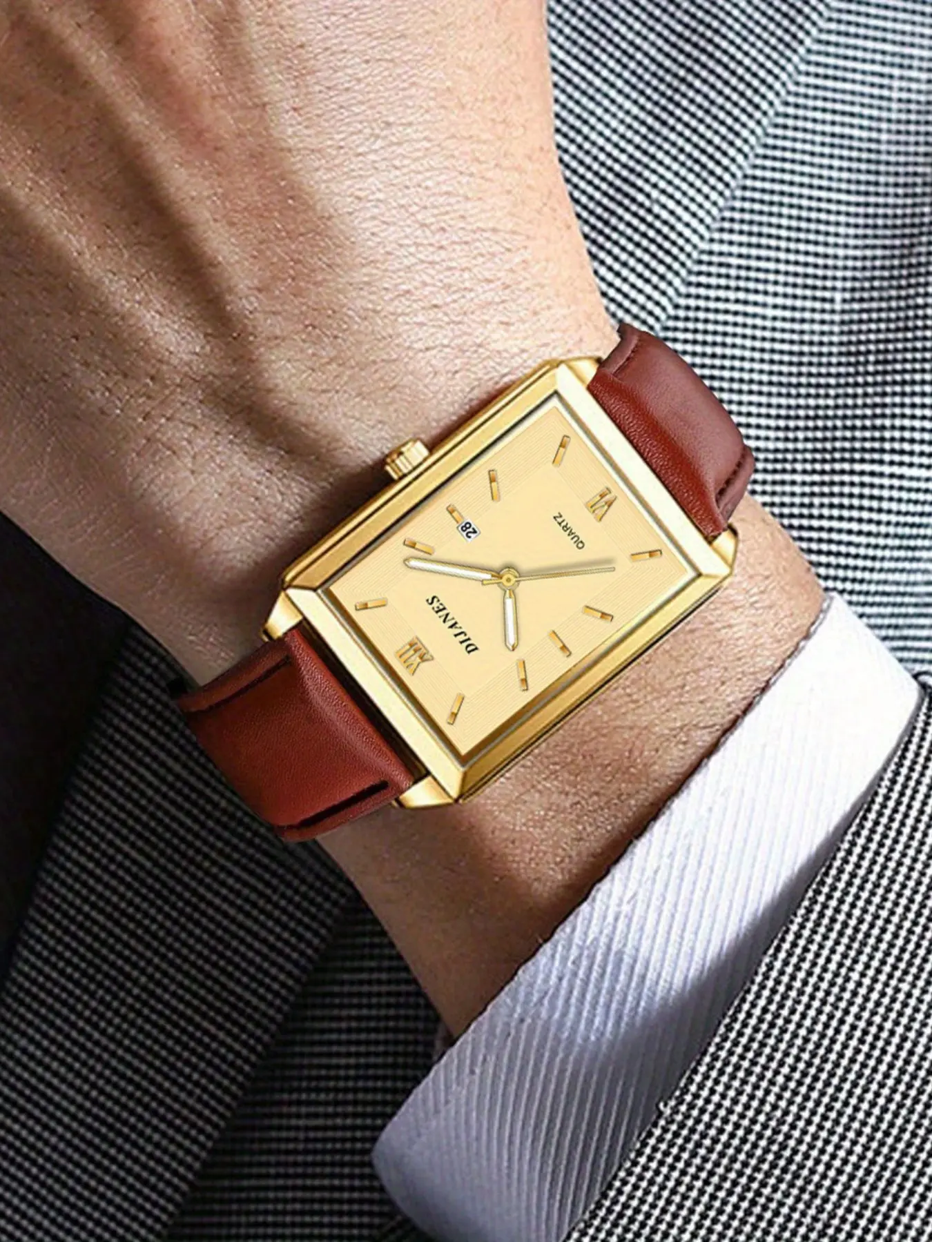 New Casual Leather Men's Watch Square Quartz Watch Korean Style Student Watch Calendar Wristwatch for Men Square Dial Watch Casual Analog Watch