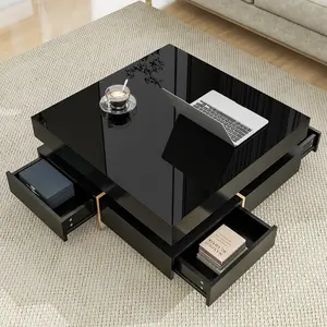 Modern High Gloss Coffee Table with 4 Drawers, Multi-Storage Square Cocktail Tea Table with Wood Grain Legs, Center Table for Living Room, 31.5''x31.5''