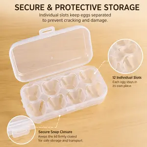 12 Slots Clear Plastic Egg Storage Box, with individual slots, secure snap closure, compact portable for kitchen refrigerator organization and daily carrying