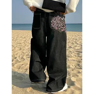 Men's Vintage Y2K Style Loose Wide Leg Jeans, Sakura Embroidered Straight Fit Street Fashion, Hip Hop Boyfriend Pants for MenGift