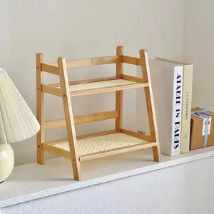 Cream Rattan Desktop Shelf 2-Tier - Boho Wall Mount or Tabletop Organizer for Kitchen Cups, Office Supplies, Bathroom | Farmhouse Decorative Storage