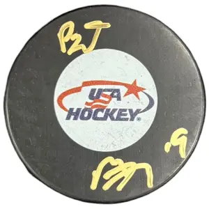 Matthew Tkachuk & Brady Tkachuk Dual Autographed Team USA Hockey Logo Puck - JSA