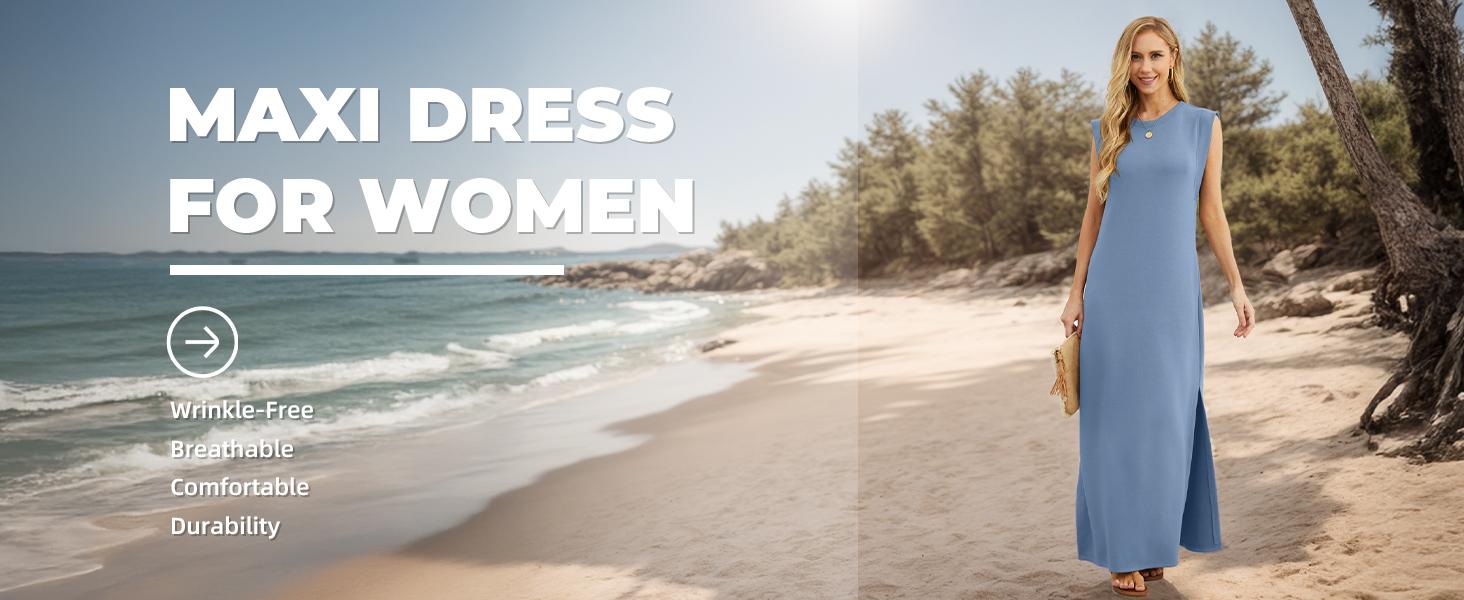 GRECERELLE 2026 Women Summer Round Neck Casual Loose Split Wrinkle-Free Long Maxi Vacation Dress with Pockets