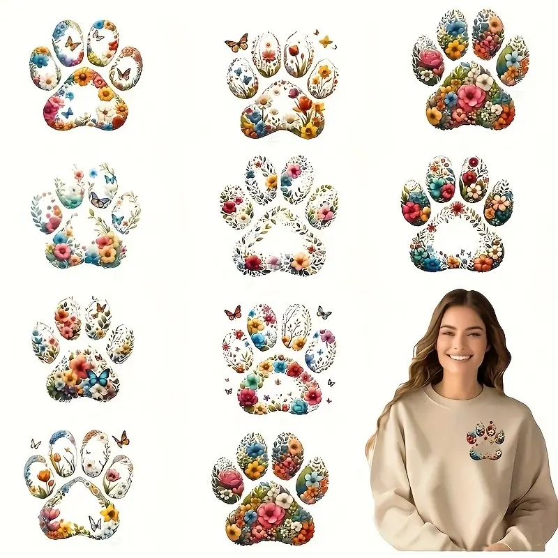 12-Piece Floral Print DIY Heat Transfer Stickers, Washable DTF Transfers for T-Shirts, Masks, Jeans, Backpacks, Durable Plastic Material