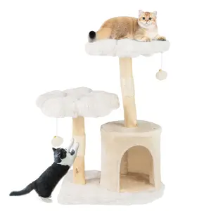 COSTWAY - Cute Solid Wood Cat Tree Natural Branch Modern Flower Cat Tower with Sisal Scratching Posts-Beige