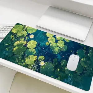 Water Lily & Pond Pattern Mouse Pad, Rectangle Gaming Mouse Pad, Non-Slip Rubber Base Stitched Edge Desk Pad for Desk Laptop Desktop, Office Desk Accessories, Desk Setup
