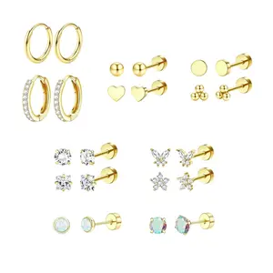12 Pairs Golden/Silvery Stud Hoop Earrings for Women, Hypoallergenic Surgical Steel Earrings for Sensitive Ears, Comfortable Flat Back Earring for Sleeping/Daily, Nickel-Free Cartilage Earring Stack Set for Multiple Piercing Jewelry
