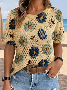 Women's Vintage Garden Style Blue Daisy Bee Animal Print Round Neck Short Sleeve Knit Sweater, Casual Breathable Top for Spring Summer Fall