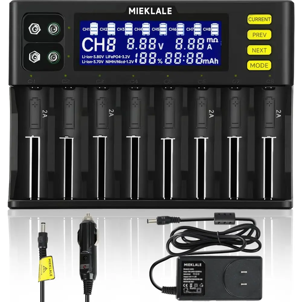 18650 Battery Charger, 8+2 Bays Smart Universal Battery Charger with LCD Display for Rechargeable Batteries AA,AAA,Ni-MH/Cd,Li-ion,LiFePO4 & 9V(8+2Slots)