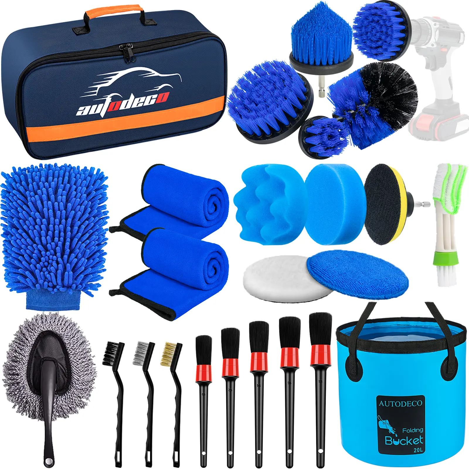 24Pcs Car Detailing Brush Set with Drill Brush Kit, Interior-Exterior-Wheel Car Wash Cleaning Tools, Packaged in Blue Carry Bag