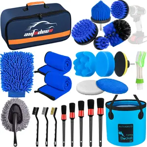24Pcs Car Detailing Brush Set with Drill Brush Kit for Interior Exterior Wheels Car Wash Cleaning Tools in Blue Carry Bag