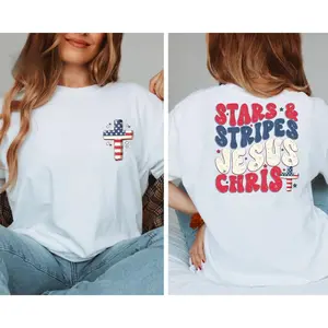 Stars And Stripes Jesus Christ Graphic Tee Womens Oversized Loose Fit Crewneck Short Sleeve Soft Cotton Casual Summer Top For Fourth Of July