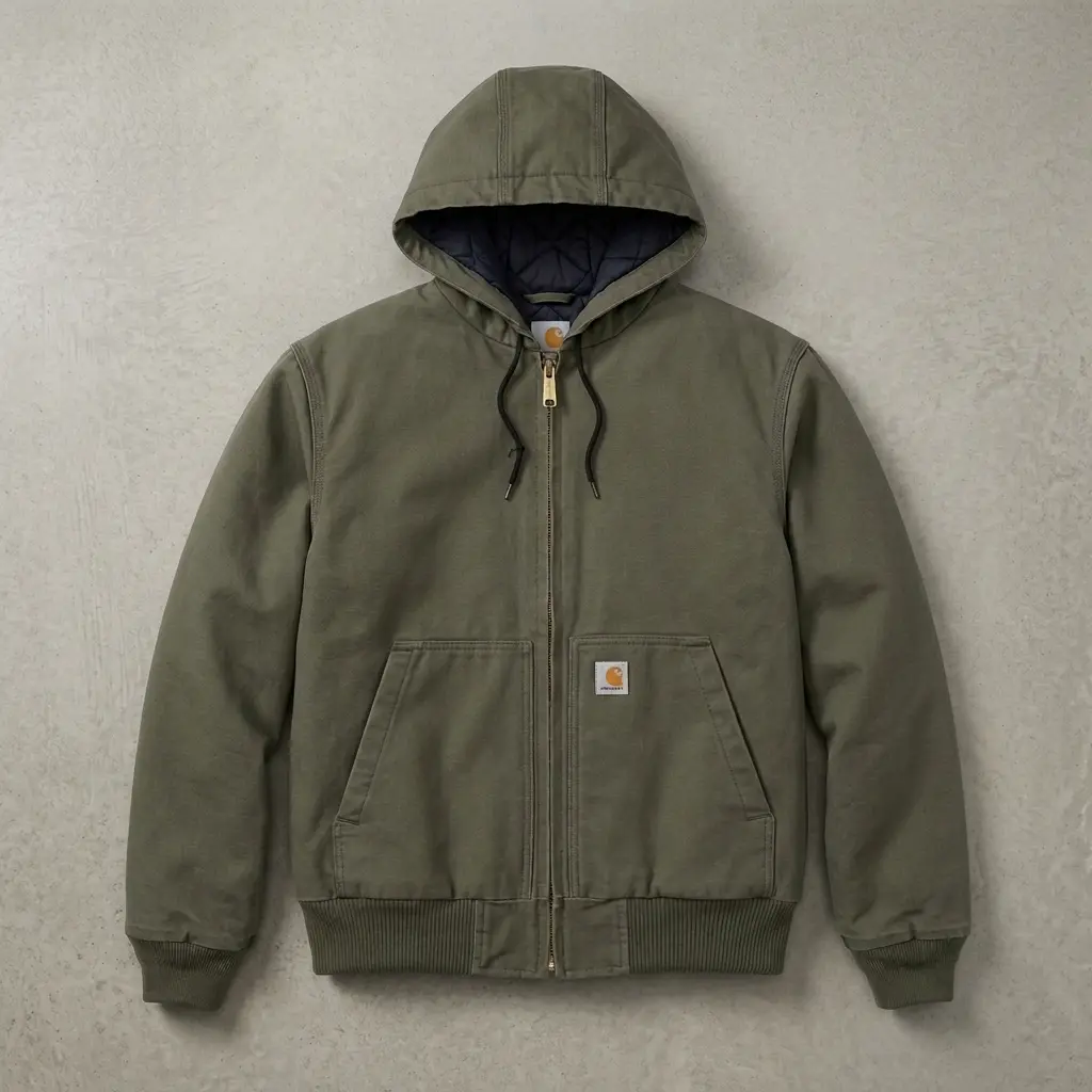 Carhartt J130 Men’s Quilt Lined Hooded Work Jacket, Heavy Washed Canvas Insulated Rugged Outerwear for Work, Outdoor & Daily Wear