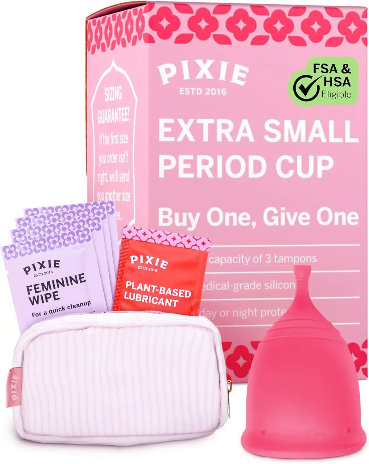 Pixie Soft Menstrual Cup - Ranked 1 for Most Comfortable Reusable Period Cup - Buy One We Give One - Includes Ebook Guide, Cleaning Wipes, Lube, & Storage Bag - Tampon and Pad Alternative (Extra Small, Pink)