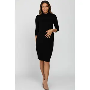 Black Brushed Mock Neck Fitted Maternity Dress
