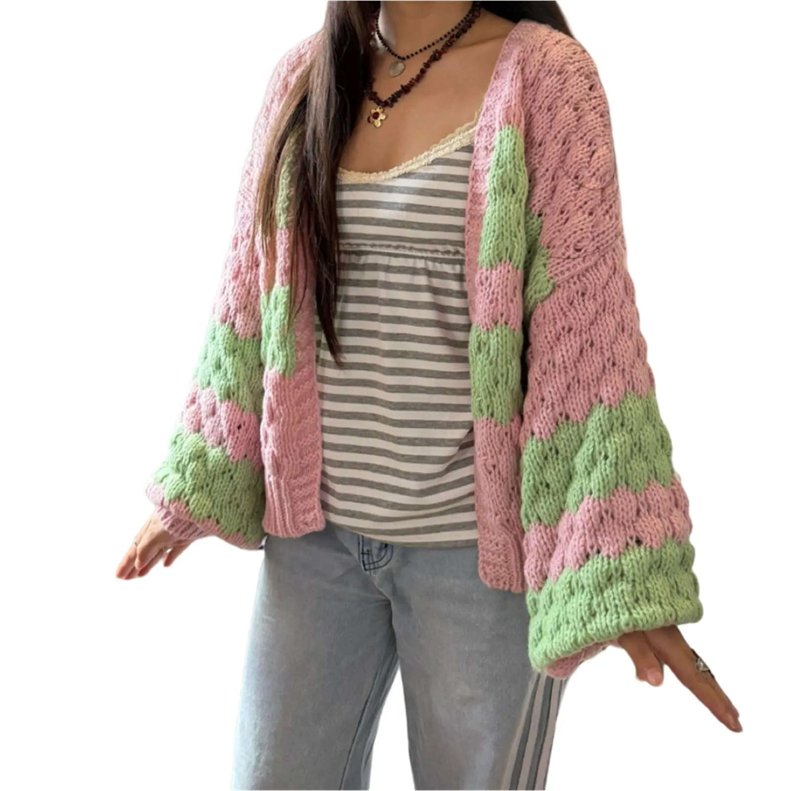 Womens Y2k Cute Cardigan Chunky Sweaters Fashion Lantern Sleeve Open Front Striped Color Block Cable Knit Fall Winter Sweater Coats