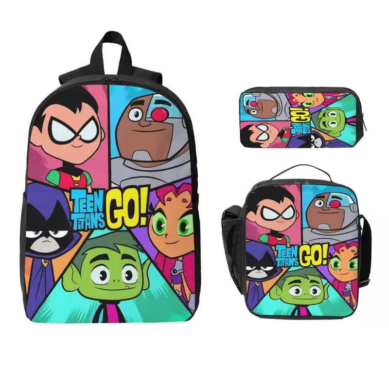 3Pcs Teens Titans Go Beast Boy Backpack Set for Boy Girl Pencil Boxes Bookbag Sets with Lunch Box For School Students Knapsack