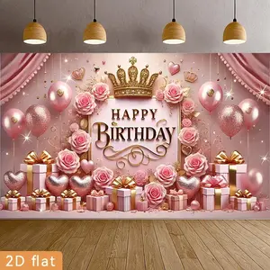 2D Flat, 2D Flat Banner, 1pc Party Banners Happy Birthday. Mother. Father. for Man Woman. Boy. Girl. Child. Pretty Patterns. Balloons, Flags, Cartoons, Prints. Polyester Backdrop, for Part